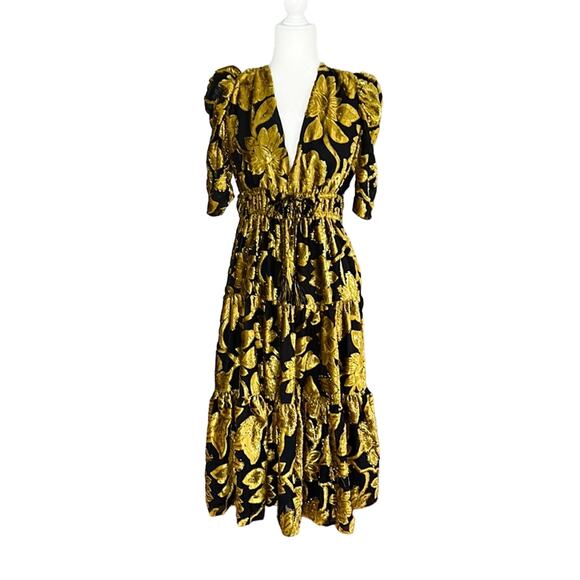 Ulla Johnson Dresses & Skirts - Ulla Johnson Loretta Black Gold Midi Dress Velvet Puff Sleeve V Neck Luxury 4